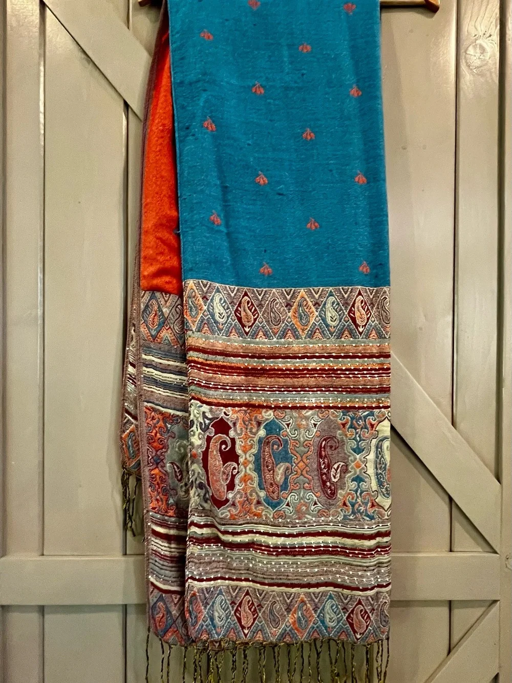 Boho Orange/Blue double sided Paisley Fringe Shawl Pashmina  Excellent condition
